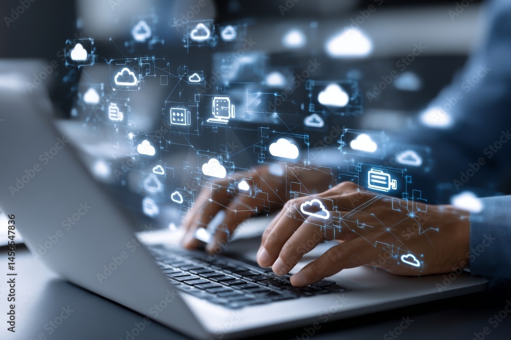 Poster the business network concept is built around cloud computing technology and online data storage, all