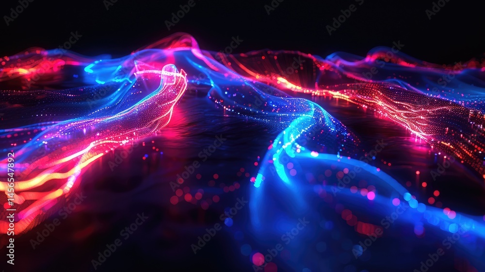 Poster picture of sparkling red ray and blue line light striking and scattered across a space background, c