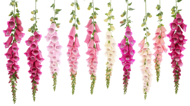 Vertical rows of foxglove flowers, colorful foxglove flowers, arranged vertically and hanging, the beauty of vertical foxglove flowers, foxglove flowers of different colors, on a transparent backgroun