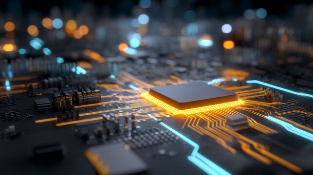 The image features computer technology with a circuit board in the background