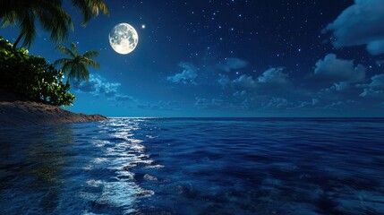 Serene blue ocean at night with a glowing full moon and starry sky in the background