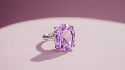 Elegant Oval Amethyst Ring in Silver Setting, Purple Gemstone Jewelry Photography