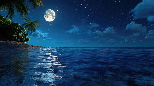Serene blue ocean at night with a glowing full moon and starry sky in the background