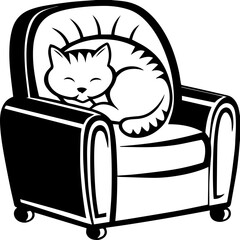 Cat vector illustration lounging on furniture, SVG with clean lines. Cute Playful Cat Hanging from a Sign in Black and White