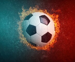 Fototapeta premium Dramatic Soccer Ball Surrounded by Flames and Water Splash Effects