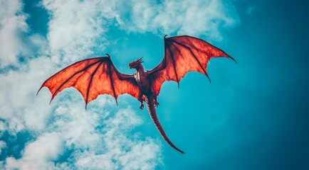 Fantasy red dragon soaring in blue sky with dramatic clouds.