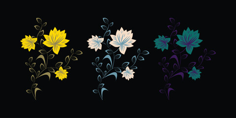 MobileBunch of colorful flowers set on a black background vector illustration of flowers multicolored and colorful bunch of flat floral decoration elements. Vector illustration flora bouquet card.