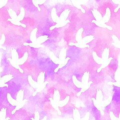Peaceful White Doves on Watercolor Sky – Pastel Seamless Pattern