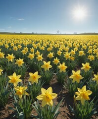 Vast field of cheerful daffodils bathed in sunlight, clear blue sky above, blue sky, meadow, photography