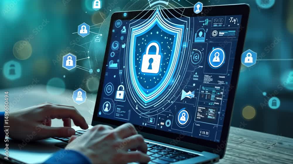 Poster man is typing on a laptop with a blue screen that has a lock icon on it. concept of security and pro
