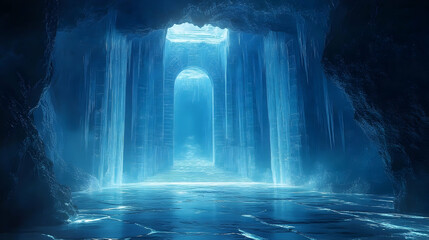 Frozen cavern interior with an icy waterfall.