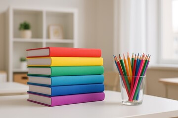 Fototapeta premium This vibrant image showcases a neatly stacked set of books, each wrapped in a different color of the rainbow, symbolizing diversity, creativity, learning. A glass holds an array of sharpened pencils