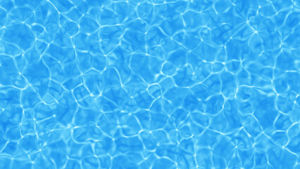 Abstract water background of blue water waves and splashes with light reflections. Calm water texture and caustics, clear water surface. Swimming pool top view, sea, ocean, summer background.