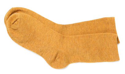 Pair of dark yellow socks isolated on white, top view