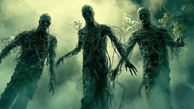 Eerie Figures Emerging from Mist in a Forest of Supernatural Apparitions Spooky Digital Art with Ominous Undertones Dark Forest