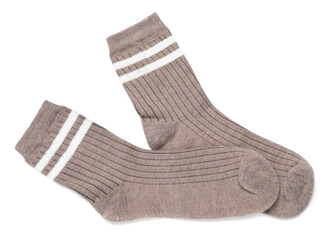 Pair of brown socks isolated on white, top view