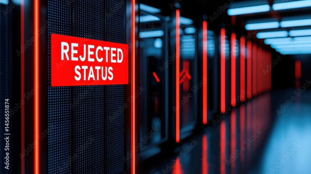 Poster digital server room with red rejected status signage and led lights
