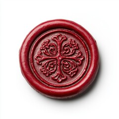 Red wax seal with intricate design on a clean background