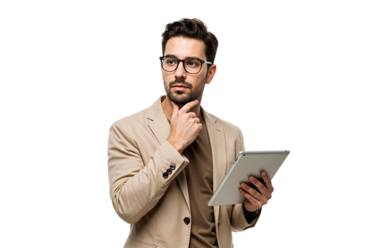 Thoughtful Man Using Tablet Contemplative Business Professional with Digital Device