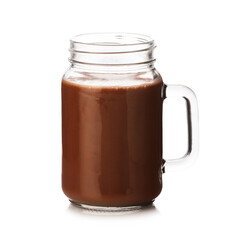 Tasty chocolate milk in glass mason jar isolated on white