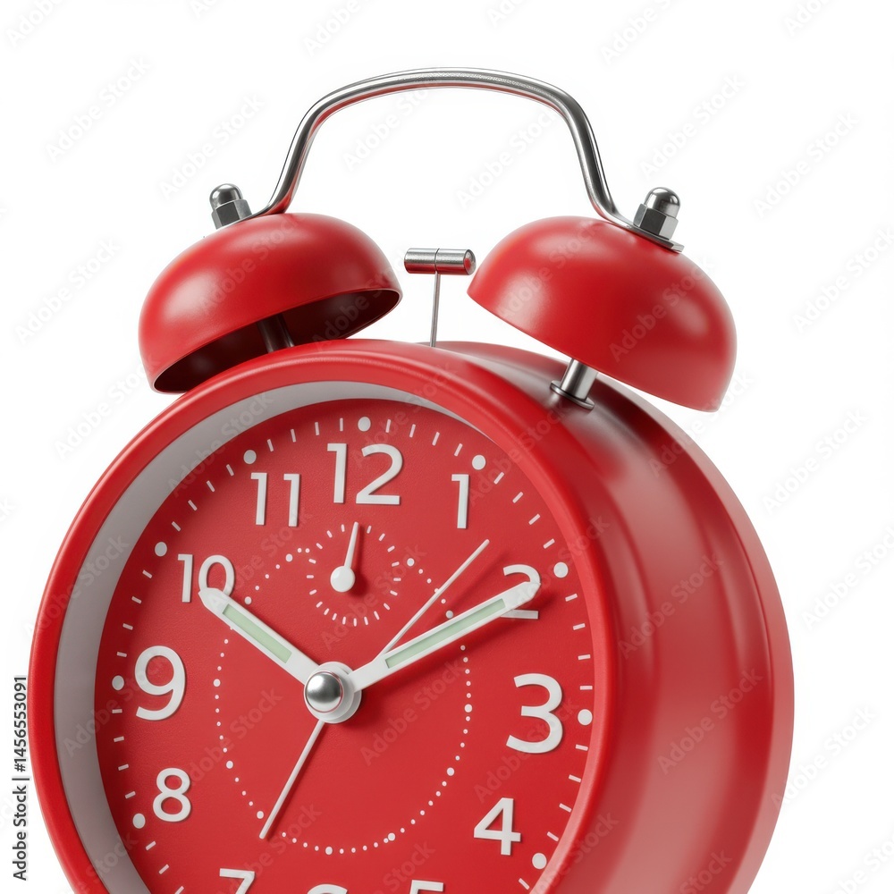 Poster close up shot of a red alarm clock with white numbers and a metal handle on a white background