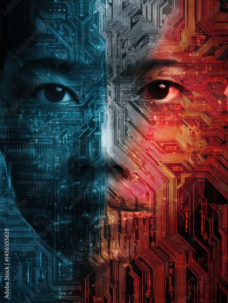Poster ai face split into two halves showcasing chinese and american circuit designs representing technolog