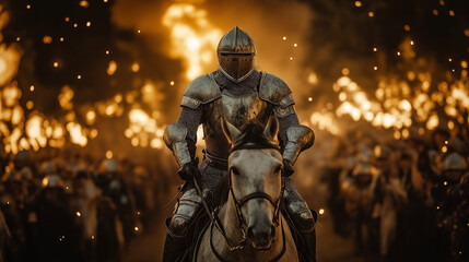 Fototapeta premium Knight on Horseback with Fire Backdrop – Les Médiévales de Provins Night Spectacle