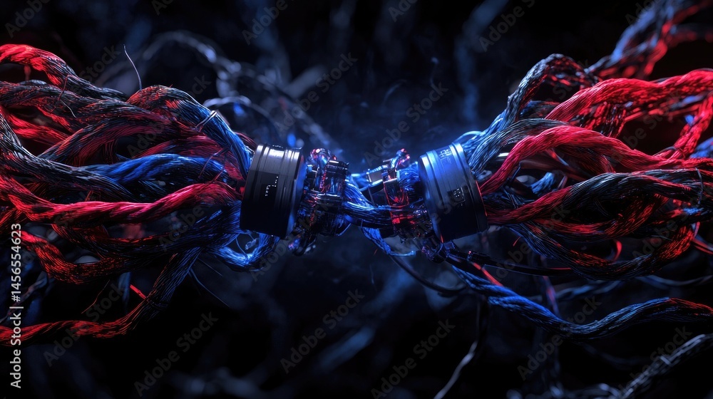 Poster Red and blue luminous wires running side by side in cyber-style tech grid