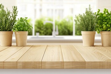 Fresh Herbs in Pots on Wooden Table with Bright Kitchen Background