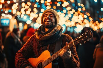 Street musician in straw hat plays guitar at night festival
