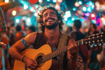 Naklejka premium Street musician in straw hat plays guitar at night festival