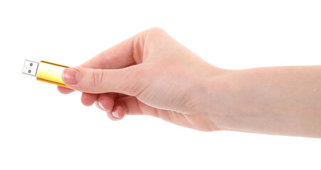 Woman holding usb flash drive on white background, closeup