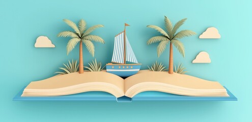 Open Book Scene with Tropical Beach and Sailboat in 3D Design