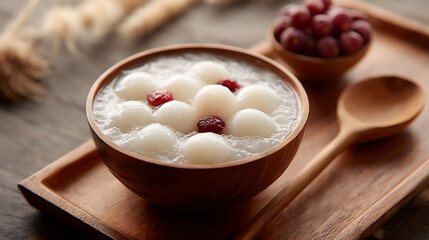 Delicious Dessert in a Rustic Bowl: A delightful dessert, featuring soft, round dumplings with a creamy texture and a hint of red fruit.