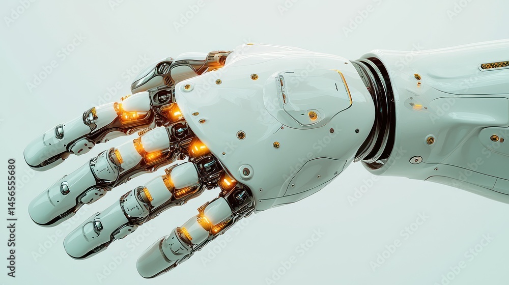 Poster close-up view of a futuristic robotic hand.the intricate mechanical details and glowing elements hig