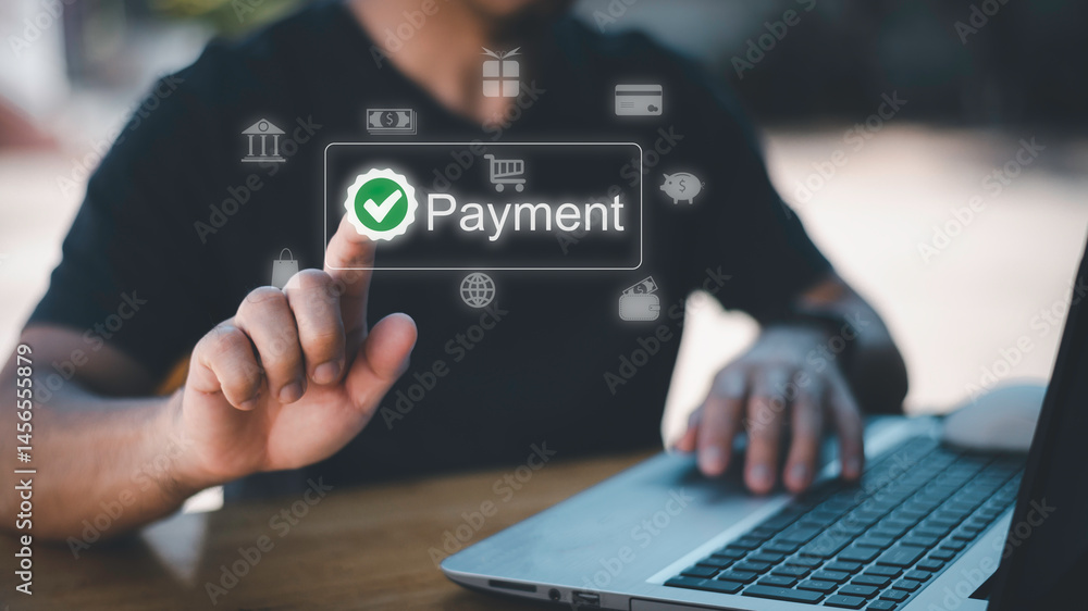 Aufkleber man using smartphone for online payment with secure transaction, digital wallet system, and mobile b