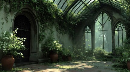 Naklejka premium Enchanted Garden with Sunlit Pathway and Lush Greenery Ideal for Fantasy Nature and Serenity