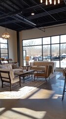 Fototapeta premium Modern Living Room Interior Design with Large Windows, Natural Light, Neutral Colors, and Stylish Furniture in Bright Space