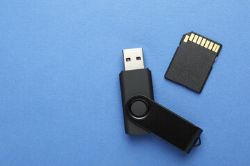 Flash drive and SD memory card on blue background, flat lay. Space for text