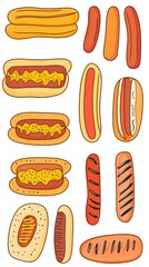 Cartoon illustration showing a variety of hot dogs and sausages on a white background