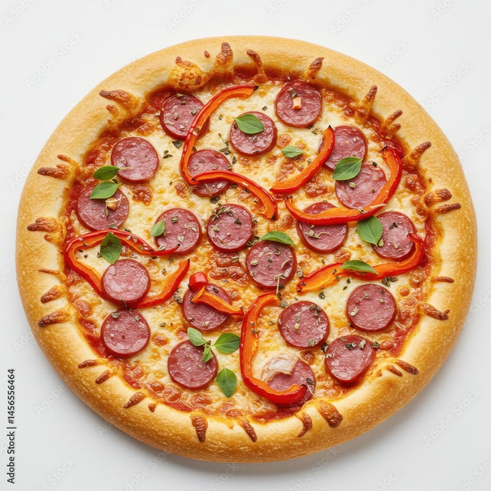Poster overhead view of a pepperoni pizza with red peppers and basil on a white background surface view