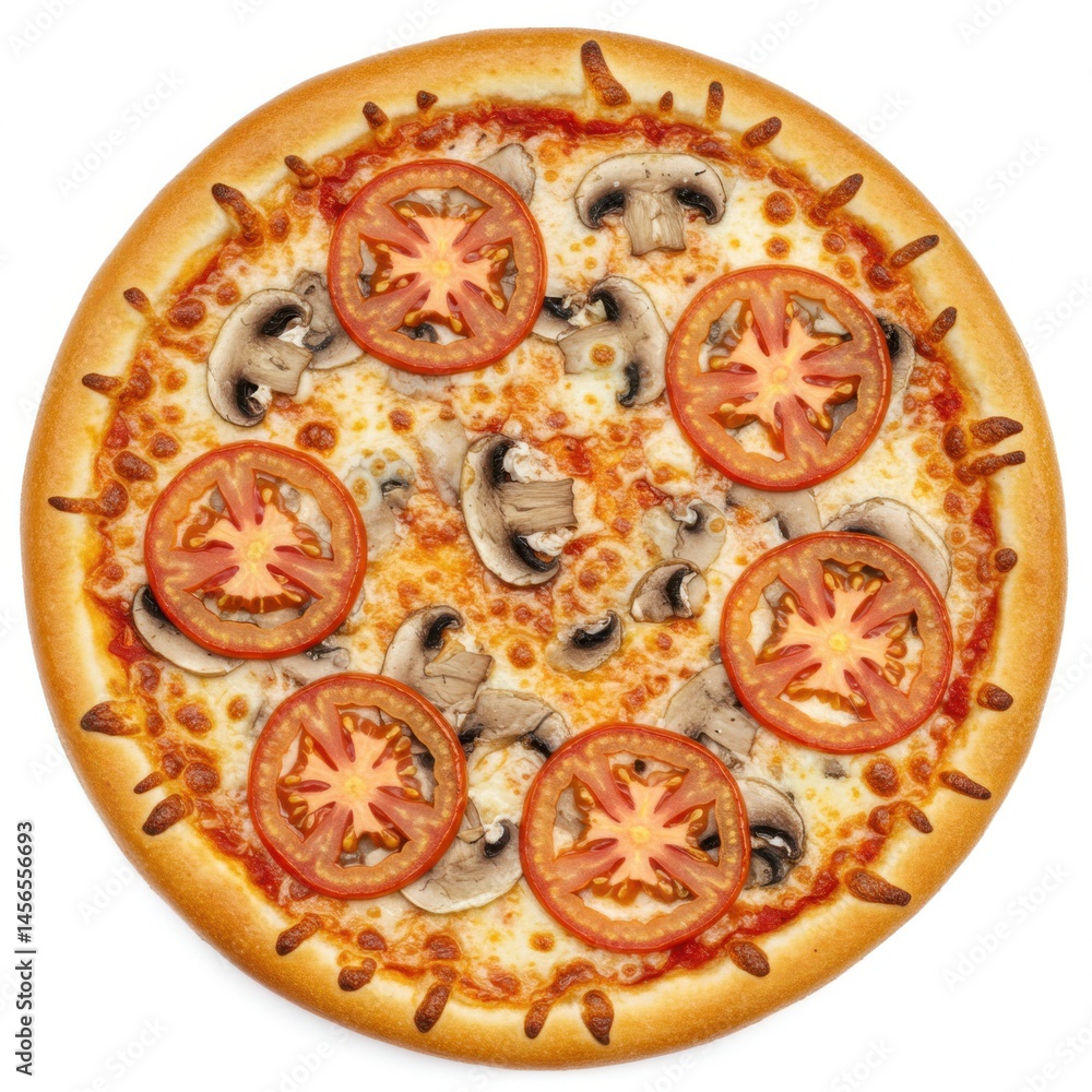 Poster overhead view of a pizza with tomato slices and mushrooms isolated on a white background
