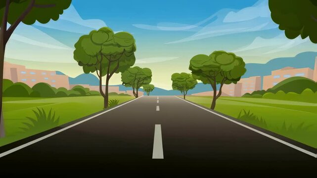 Cartoon road stretching past trees toward distant city and hills. Travel concept for trip illustration, driving animation backdrop and landscape background.