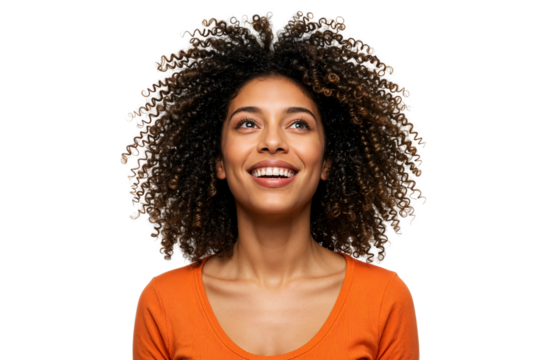 Portrait of a Smiling Woman with Curly Hair Looking Upward Joyful Expression and Positive Vibes