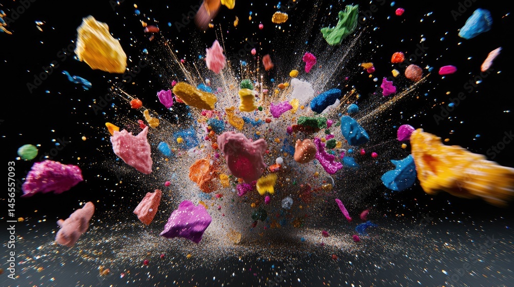 Poster radiating glitter sparkles like stardust fireworks exploding in black space