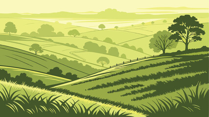 Rural hills  landscape vector background on white. Pasture grass for cows. Meadows and trees. Horizon.