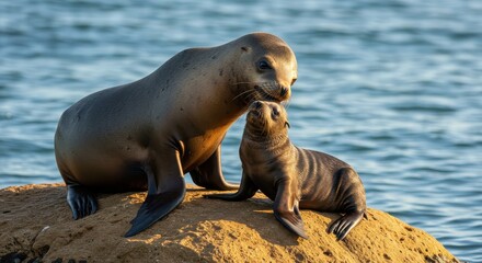 Fototapeta premium A heartwarming moment: California Sea Lion mother and pup share a tender moment on a sun-kissed rock, overlooking the calm ocean waters. A beautiful display of wildlife and maternal love.