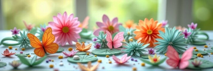 Colorful paper flowers and butterflies in blooming display with soft bokeh background