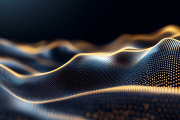 A flowing digital terrain of luminous gold and deep blue dots forming undulating wave-like hills against a dark backdrop.