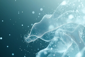 A soft wave of scattered blue bokeh dots flowing across a gradient blue surface, blending sharp points and blurred spheres to evoke depth and motion